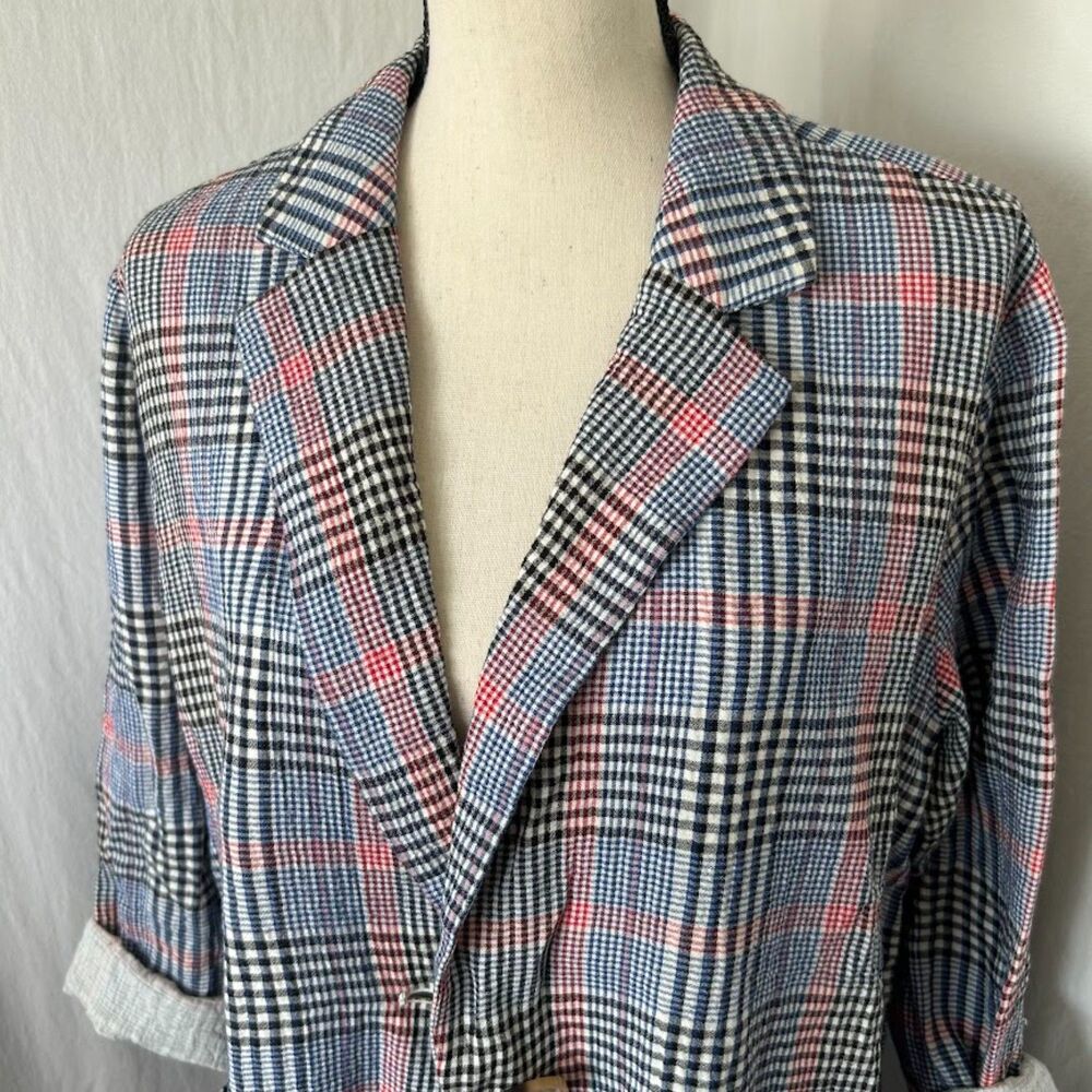 NWT J Jill Barley Relaxed Multi Blue Plaid Cotton Seersucker Boyfriend Blazer M - Picture 3 of 16